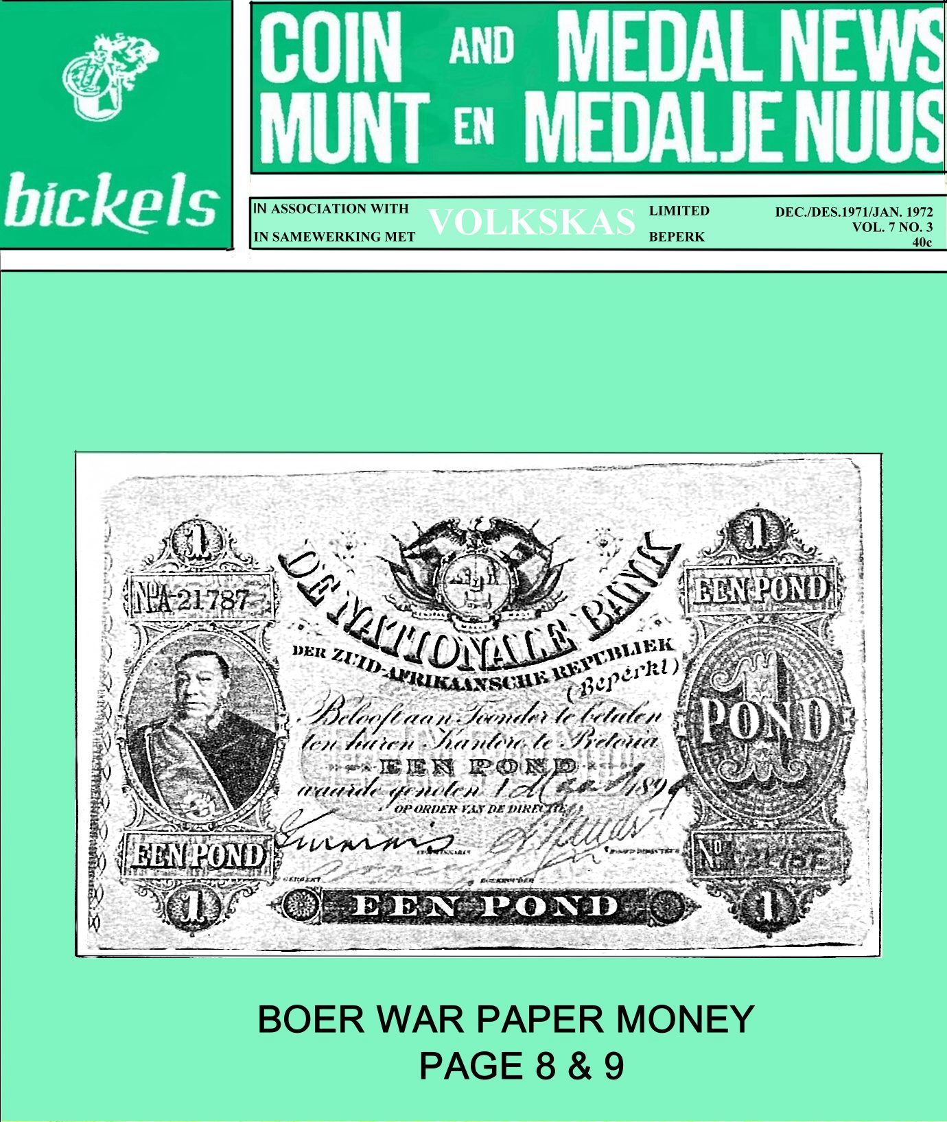 Bickels Coin & Medal News December 1971 January 1972 Vol 7 No 3